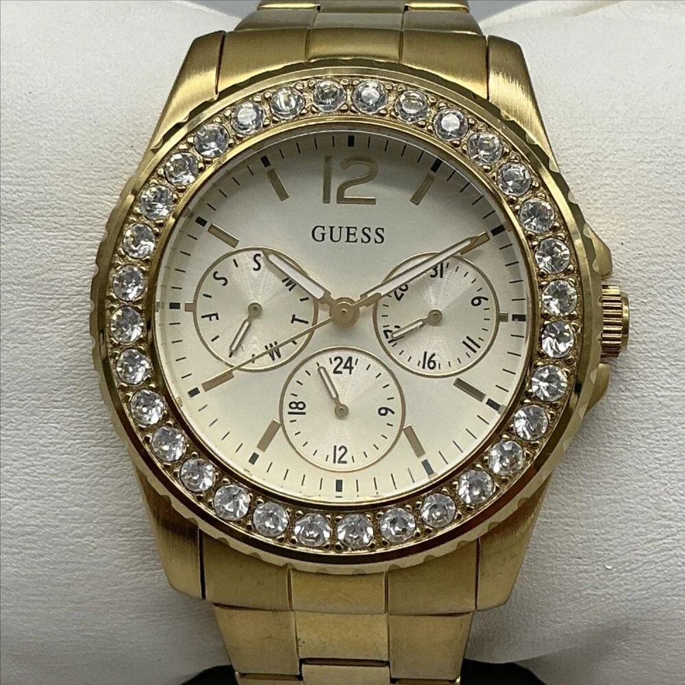 Guess U12005L1 Womens Watch 37mm Gold Tone Crystals Day Date New Battery 6.25